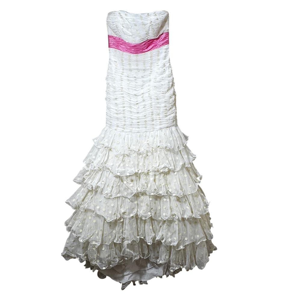Sherri Hill Strapless Mermaid Gown Polka Dot Tulle Tiered Dress Pink Sash 8 - Picture 3 of 13